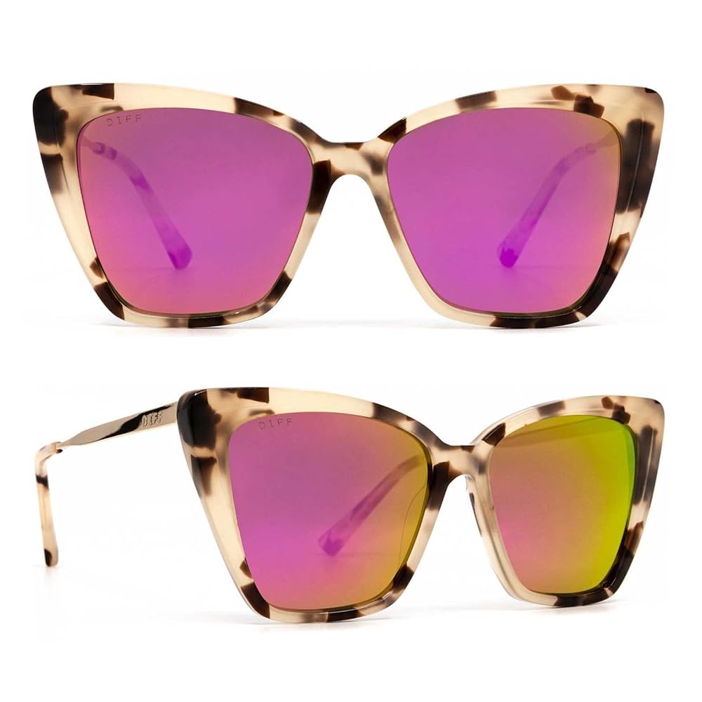 DIFF Becky II Designer Cat Eye Sunglasses for Women UV400 Protection, Cream Tortoise + Pink Mirror