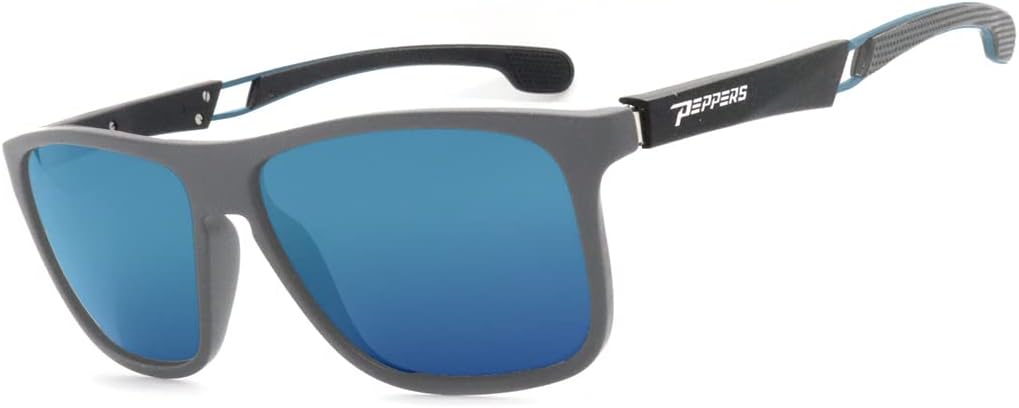 Pepper's Lifestyle Polarized Rectangular Sunglasses, Grey W. Rubber Finish W. Black Temples/Diamond Blue Mirror, 56X15X138